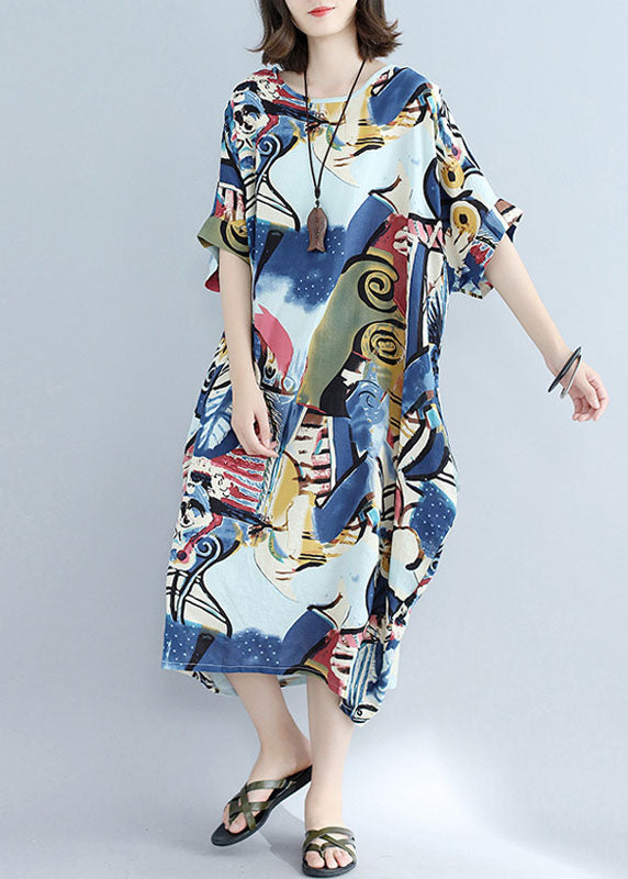 French Blue Tie Dye Print O-neck Pocket Cotton Holiday Dress Short Sleeve