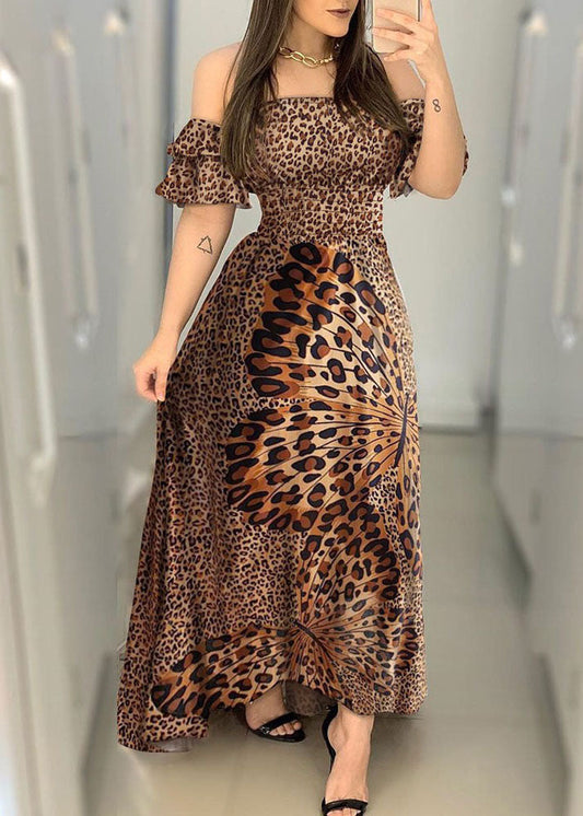 Off the Shoulder Leopard Print Exra Large Hem Cinch Dress Vestidos Butterfly Sleeve