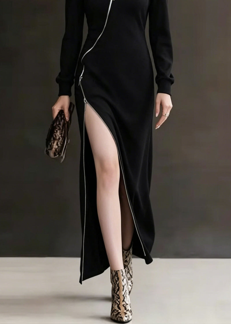 New Black Zip Up Asymmetrical Design Patchwork Cotton Dress Fall