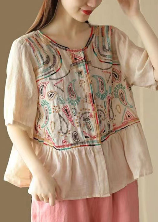 Classy Purple O-neck Embroideried Patchwork Linen Blouse Tops Summer