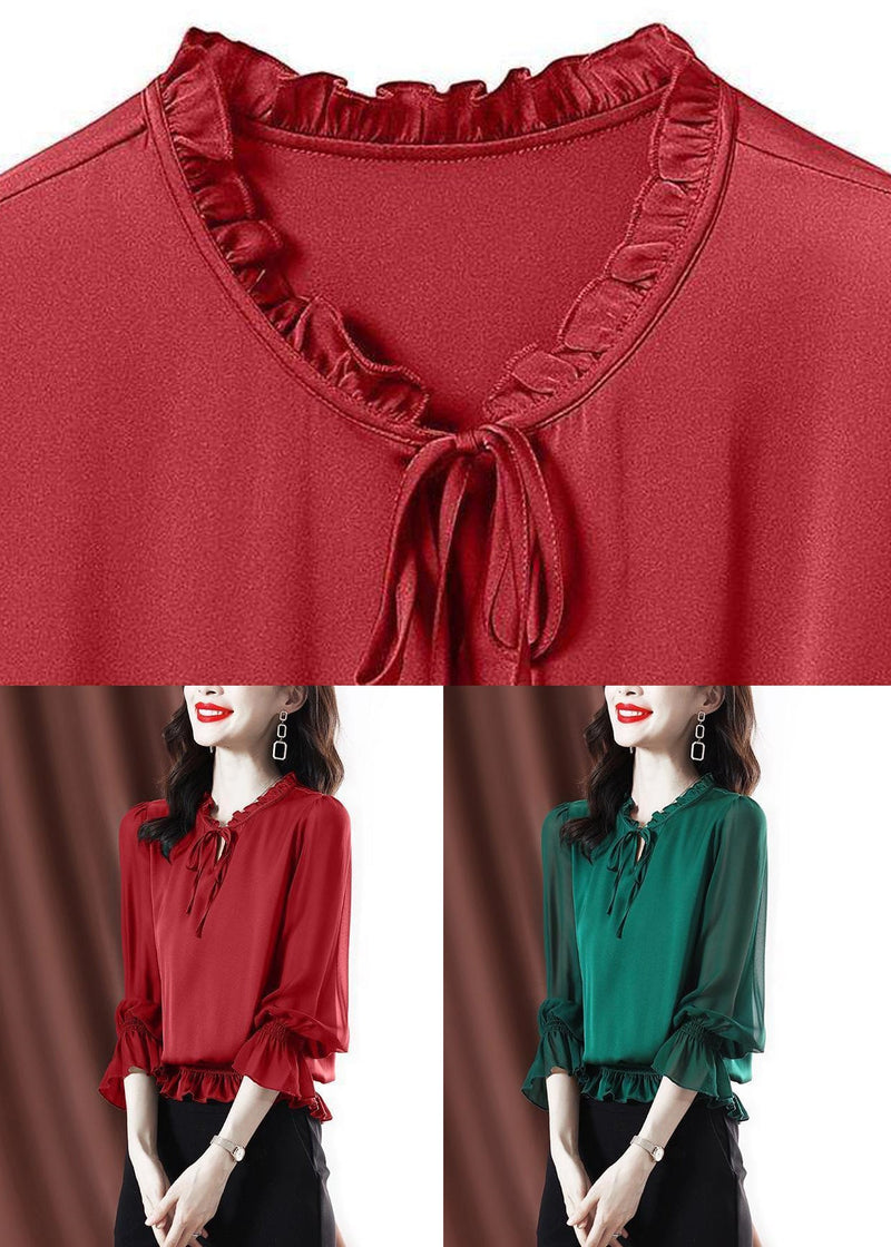 Red Lace Up Chiffon Shirt Ruffled Flare Sleeve