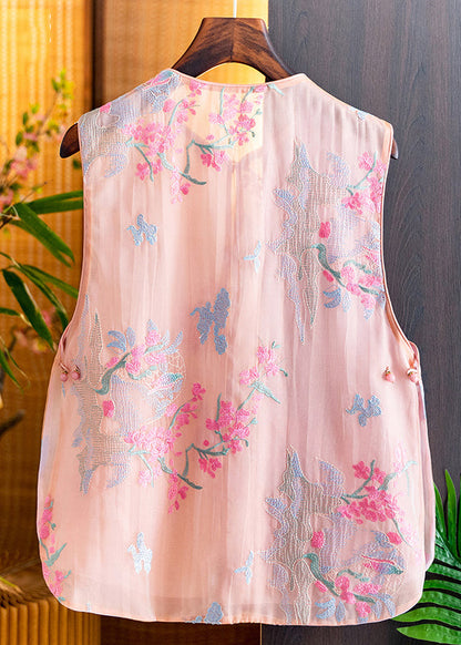 New Pink O-neck Embroidered Button Silk Waistcoat Sleeveless