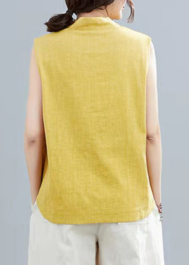 Handmade Yellow Mandarin Collar Linen Blouses Top Sleeveless