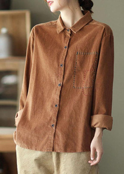 French Khaki Loose Embroideried Patchwork Fall Top Long Sleeve