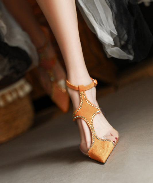 Yellow Stiletto Suede Classy Splicing Zircon Buckle Strap