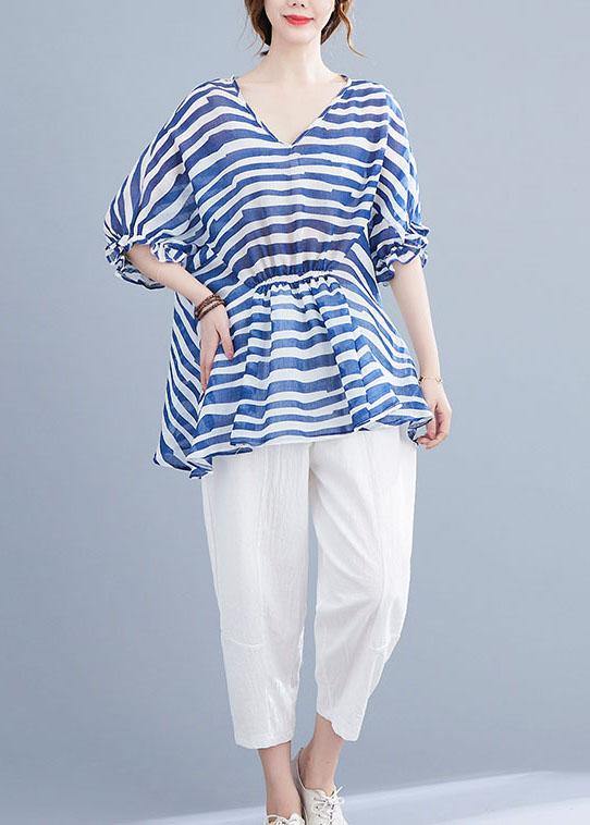 Diy Blue Loose Flare Sleeve V Neck Summer Shirts