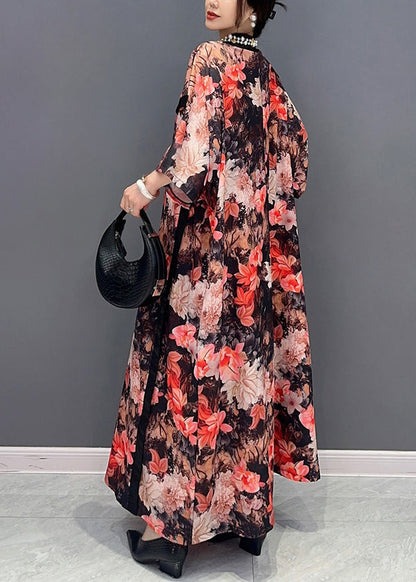 Chinese Style Red Stand Collar Print Chiffon Dresses Fall