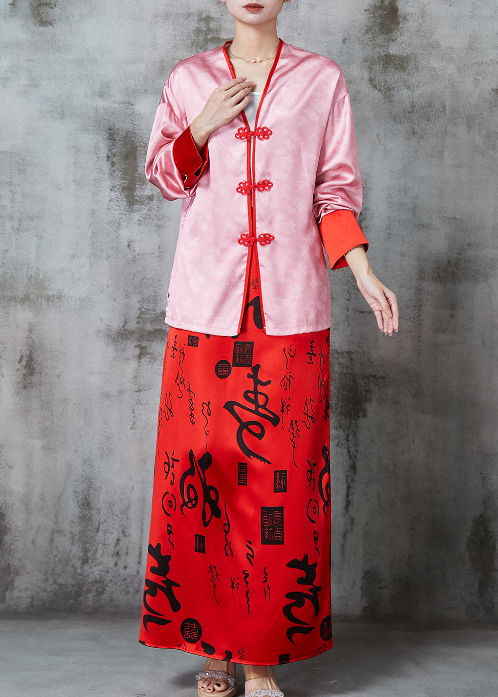 Pink Print Silk Oriental Two Pieces Set Spring