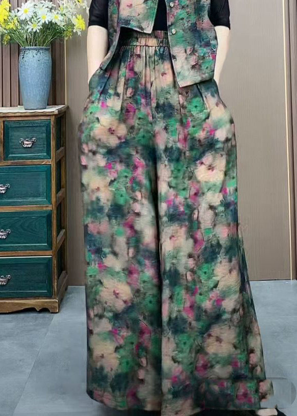 Green Elastic Waist Print Ice Silk Wide Leg Pants