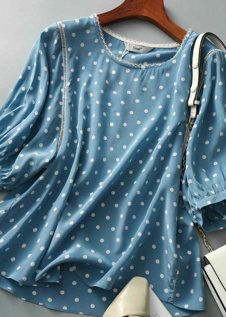 Blue O-neck Dot Print Silk Blouse Tops Summer