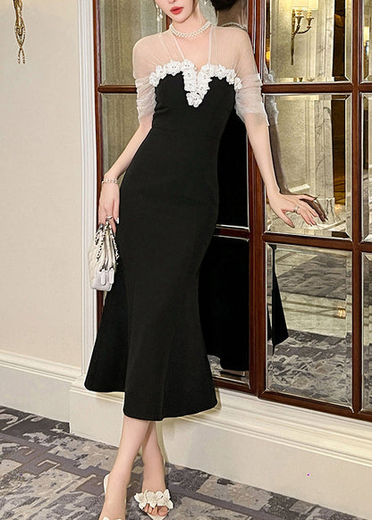 Black V Neck Tulle Patchwork Maxi Dresses Summer