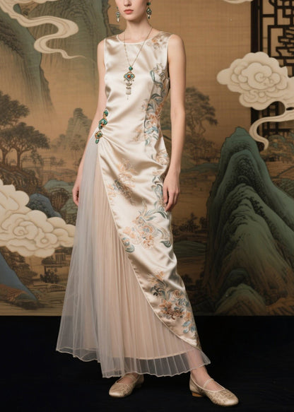 Champagne Jacquard Tulle Patchwork Silk Dresses Sleeveless