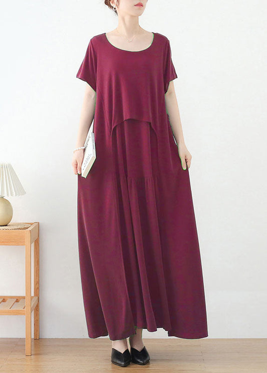 Red O-neck Exra Large Hem Long Dress Short Sleeve