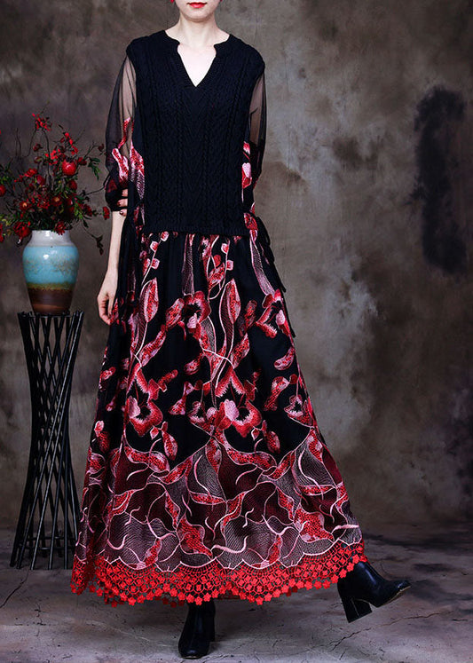 Red Lace Knit Dresses Embroideried Spring