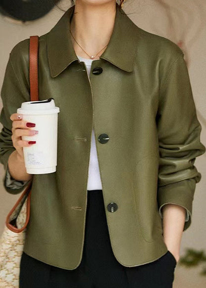 Green Peter Pan Collar Pockets Patchwork Sheepskin Coats Fall