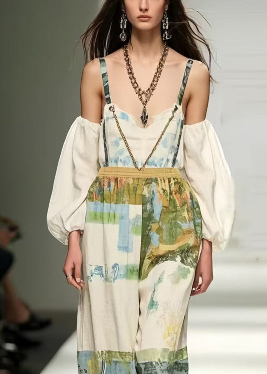 Modern White Backless Print Cotton Overalls Jumpsuit Summer