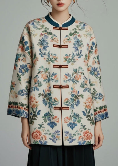 Apricot Stand Collar Print Coats Bracelet Sleeve