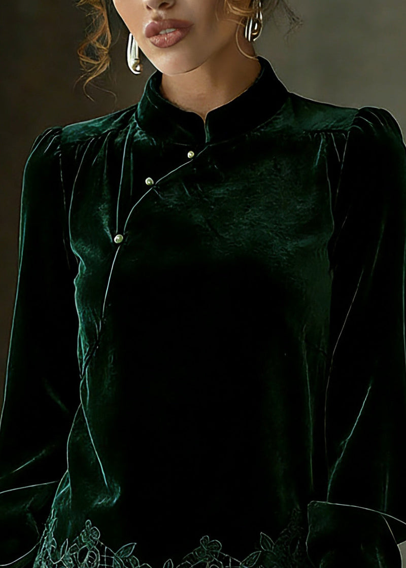 Blackish Green Hollow Out Shirts Lantern Sleeve