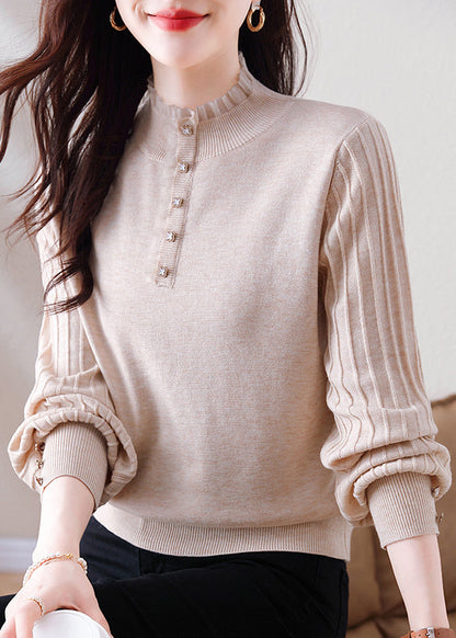 Oatmeal Ruffled Button Patchwork Woolen Sweater Spring