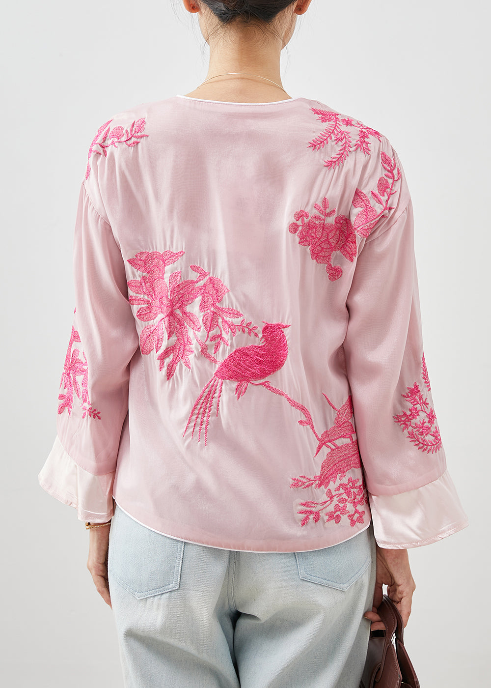 Pink Silk Blouse Tops Embroideried Tasseled Fall