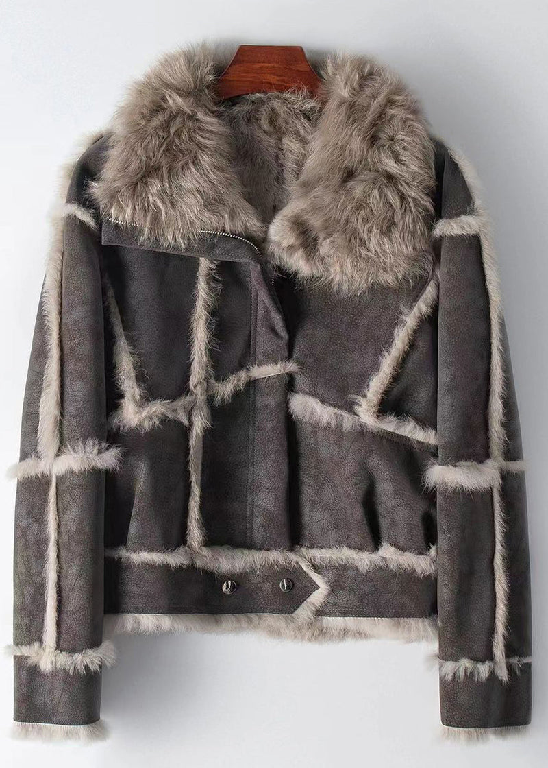 Dark Grey Zippered Patchwork Leather and Fur Coat Winter