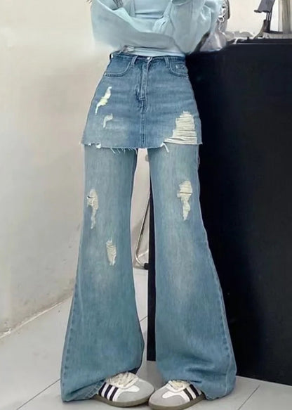 Blue False Two Pieces High Waist Denim Pants Summer
