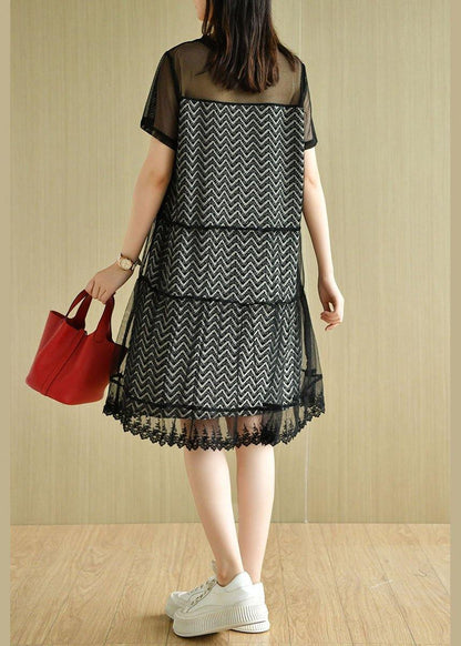 Black O-neck Tulle Patchwork Summer Long Dresses Short Sleeve