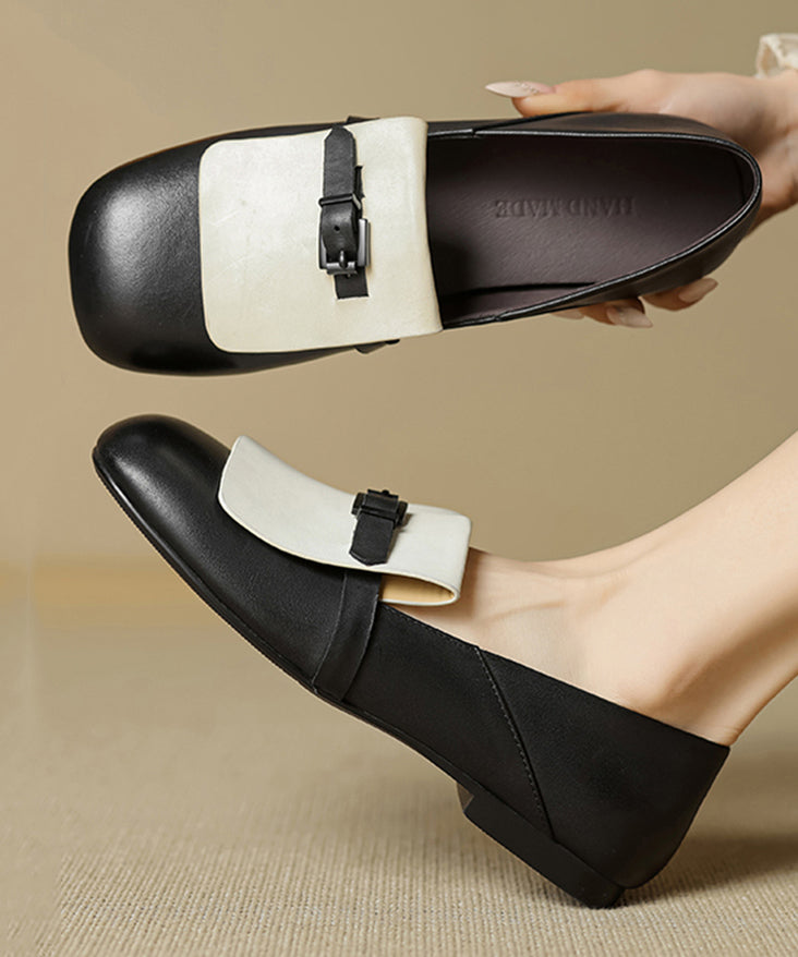 Beige Cowhide Leather Splicing Loafers for