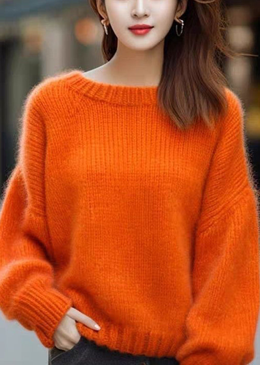 Simple Orange O Neck Cozy Cotton Knit Sweaters Long Sleeve