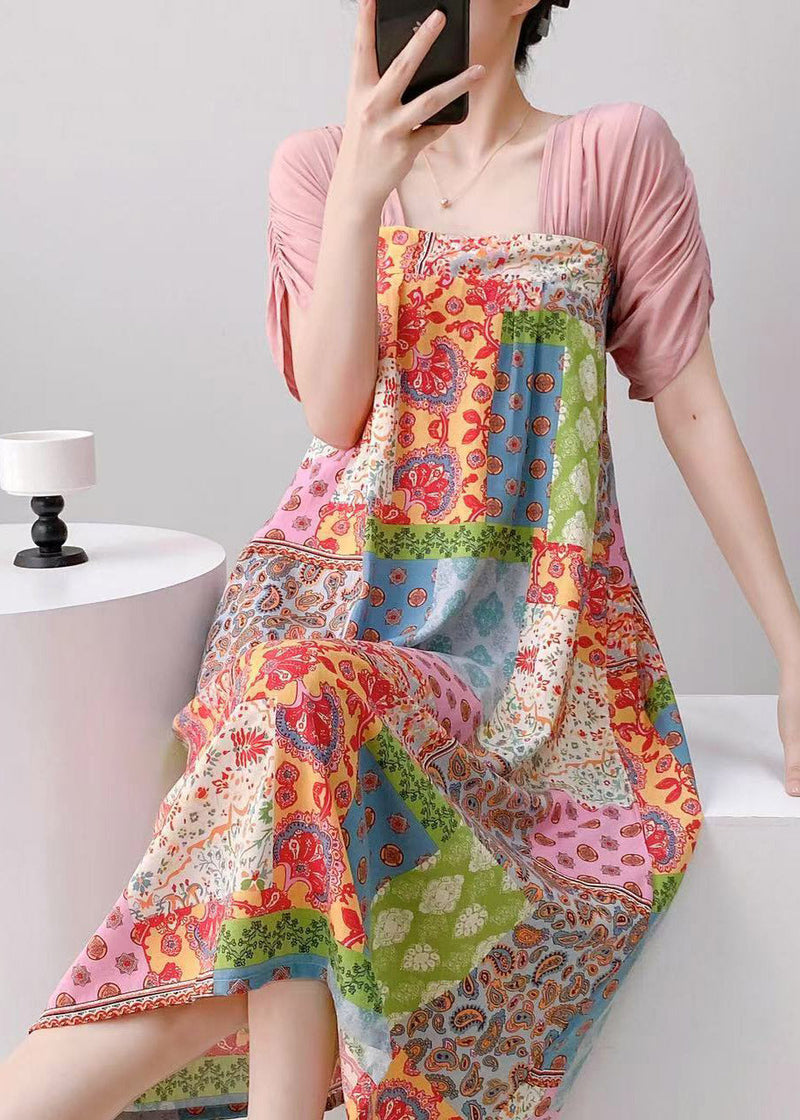 Natural Light Blue Print Patchwork Maxi Dresses Pajama Summer