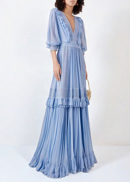 Boutique Blue V Neck Ruffled Lace Patchwork Silk Dress Spring