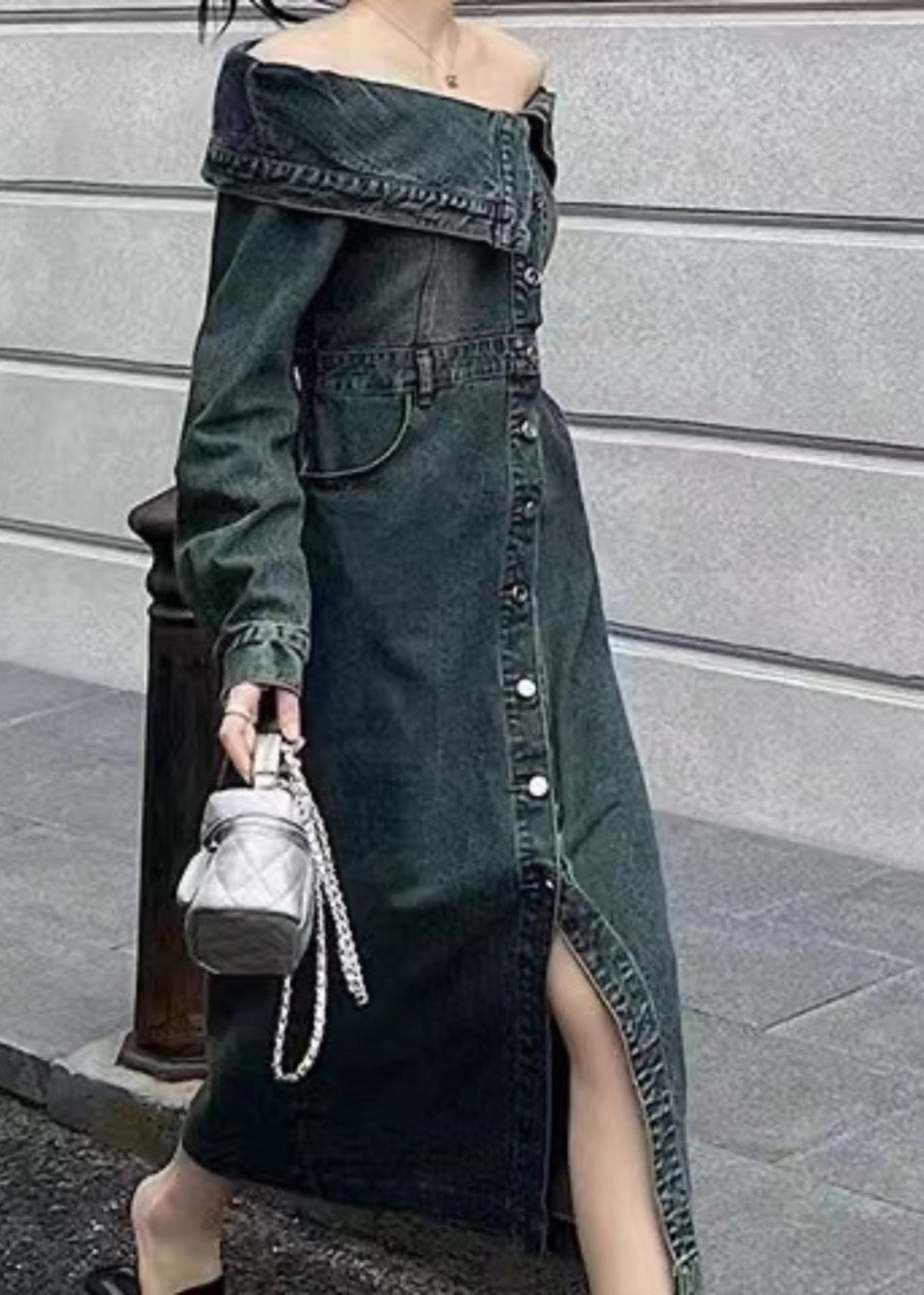 Blue Slash Neck Patchwork Side Open Denim Long Dresse Puff Sleeve Spring