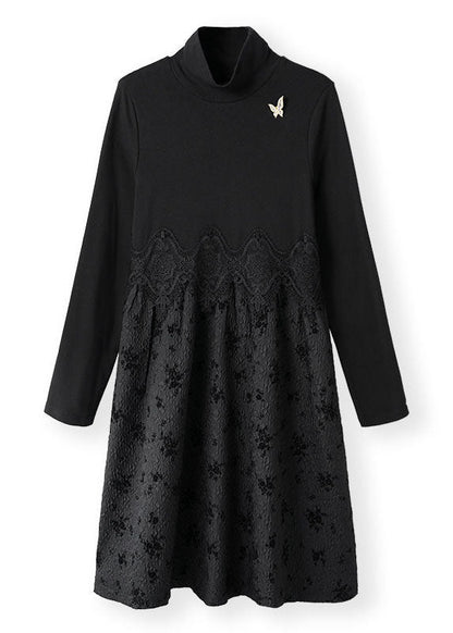 Organic Black Hign Neck Patchwork Lace Dress Spring