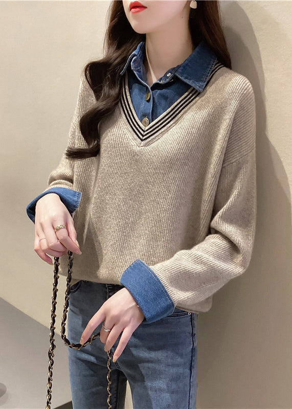 Khaki Peter Pan Collar Denim Patchwork False Two Pieces Knit Shirt Fall