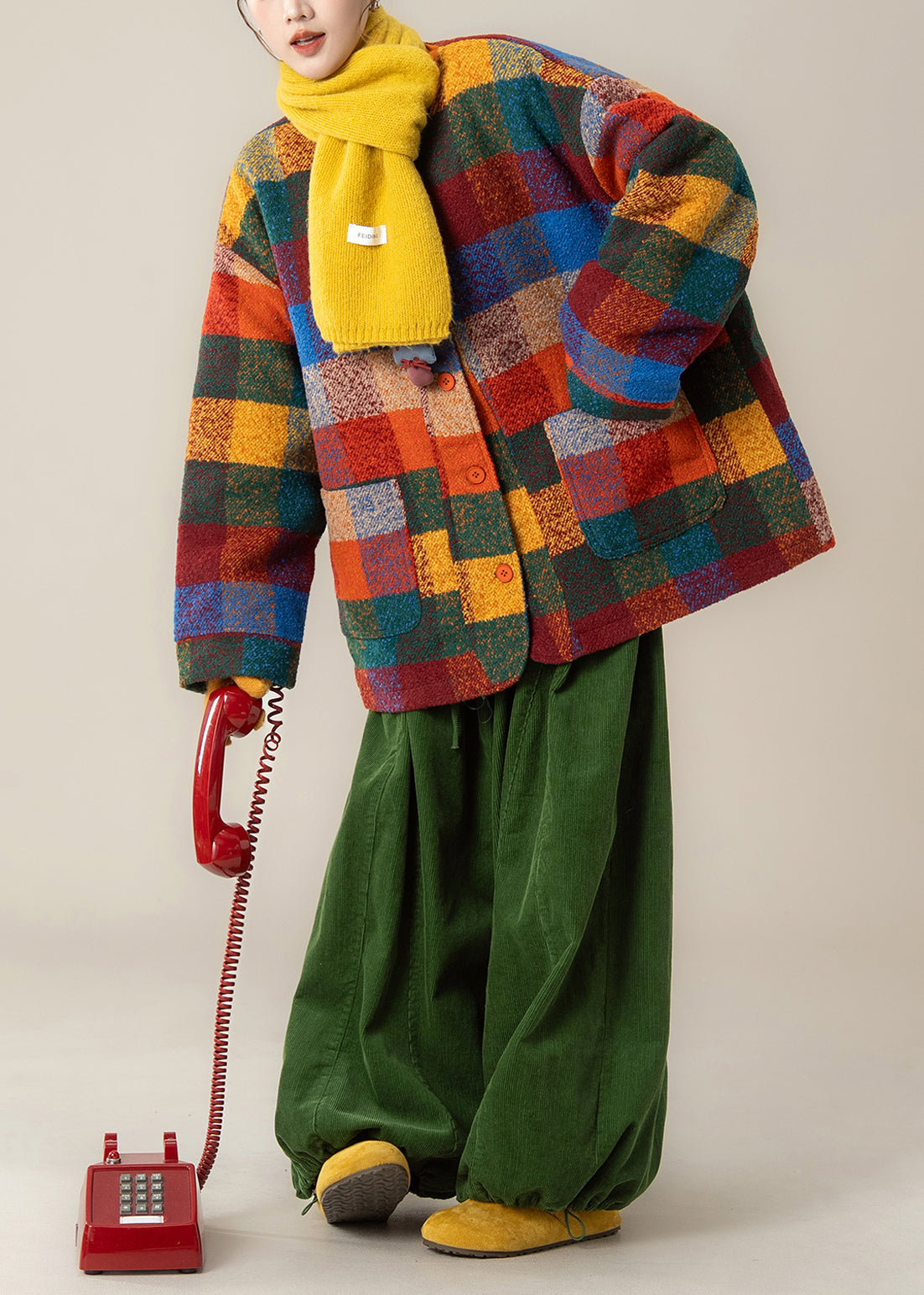Plaid Pockets Woolen Coat and Green Pants Two Pieces Set Winter