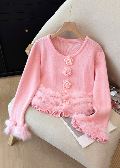 Pink Fluffy Patchwork Knit Winter Sweater O Neck