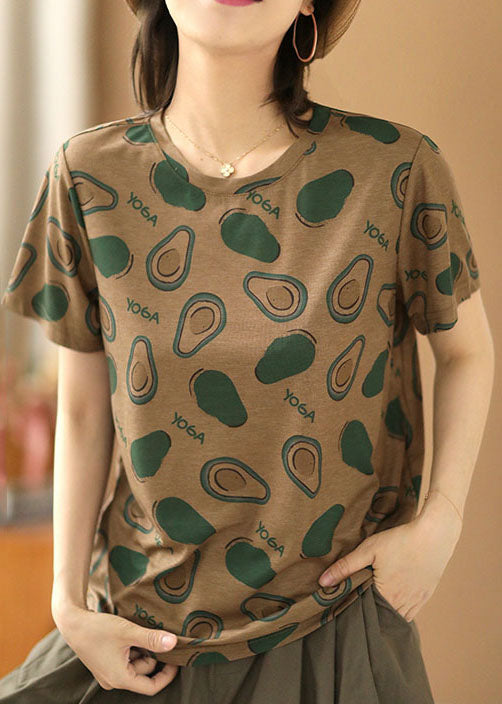 Original Design Dark Khaki O-neck Print Cotton Tank Top Short Sleeve