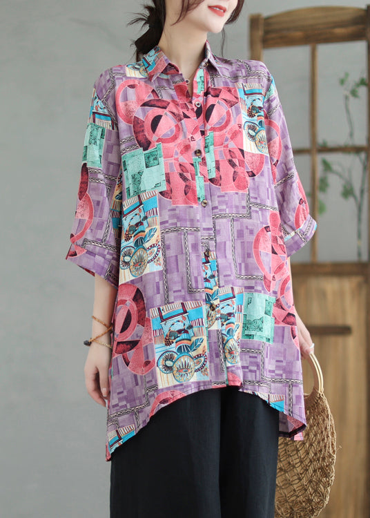 Purple Print Low High Design Linen Long Shirts Summer