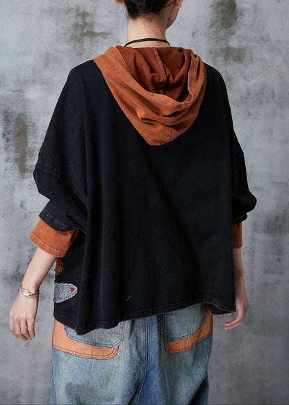 Black Hooded Patchwork Applique Cotton Pullover Sweatshirt Spring