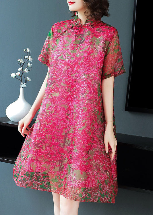 Red Stand Collar Print Silk Dress Short Sleeve