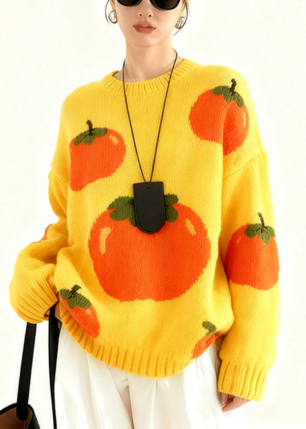 Yellow Oversized Tomato Jacquard Knit Pullover Winter