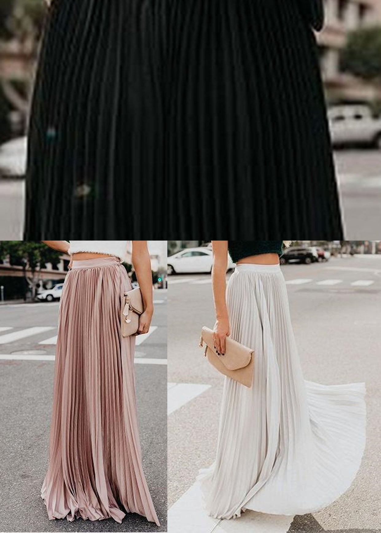 Black Elastic Waist Chiffon Pleated Skirts Summer