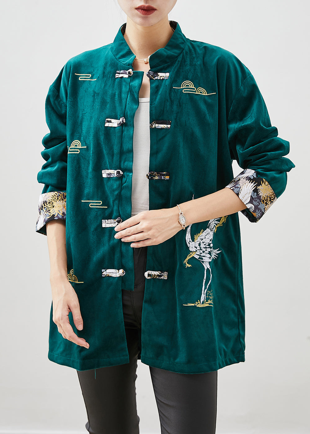 Blackish Green Silk Velour Jackets Embroideried Chinese Button Fall