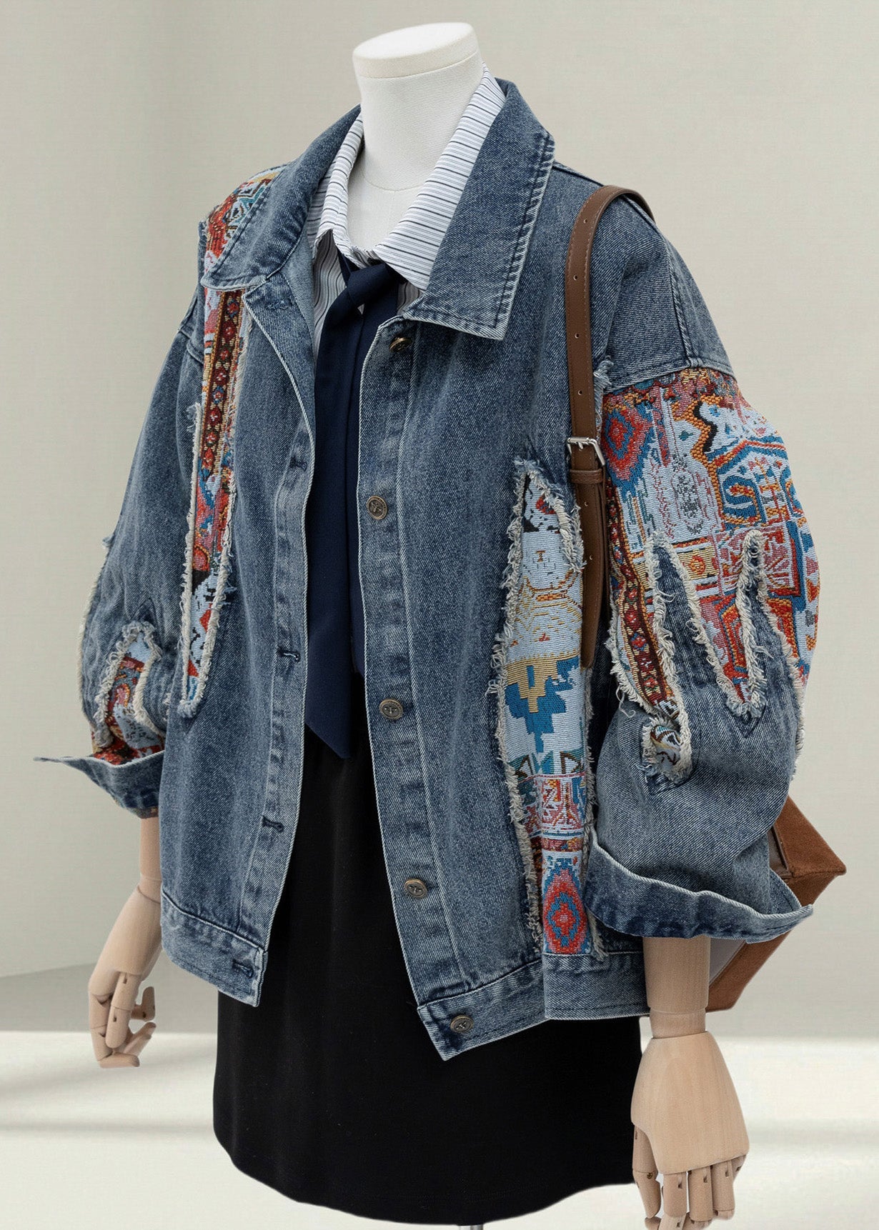 Blue Peter Pan Collar Jacquard Patchwork Denim Coat Fall