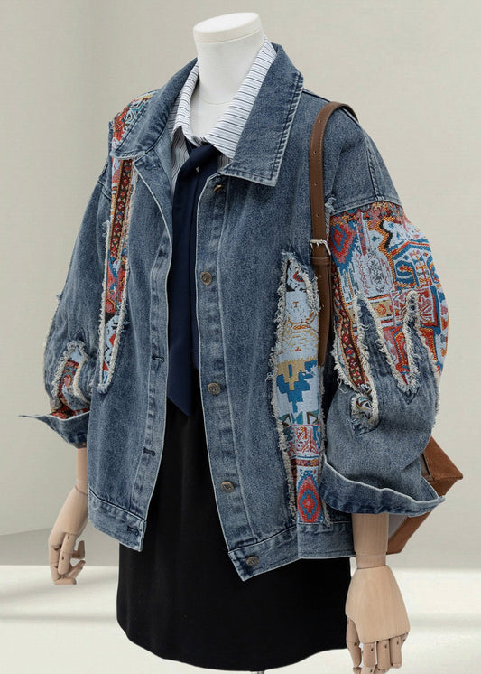Blue Peter Pan Collar Jacquard Patchwork Denim Coat Fall