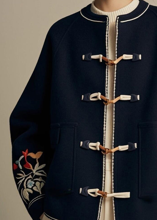 Navy O-neck Button Print Cotton Coat Fall