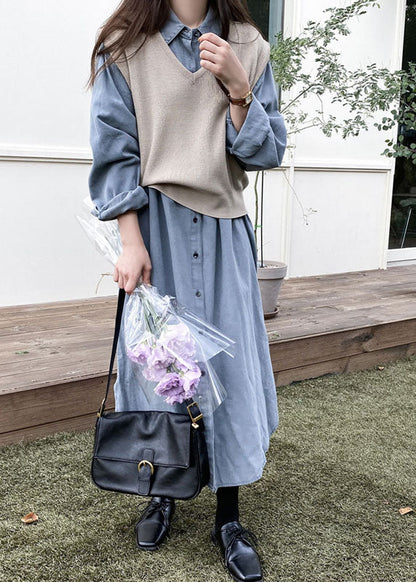 French Blue Peter Pan Collar Denim Shirts Dress and Vest Two Pieces Spring