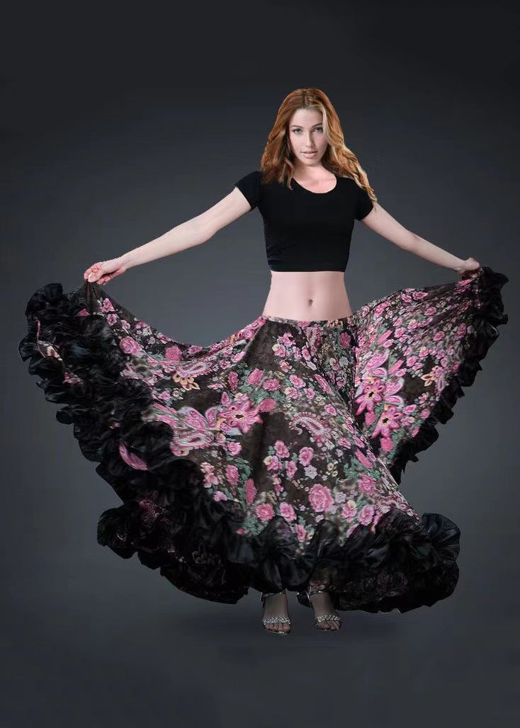 Photo Color Ruffled Print Exra Large Hem Chiffon Skirt Spring