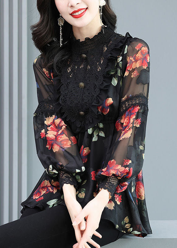 Black Stand Collar Patchwork Print Chiffon Shirt Top Spring