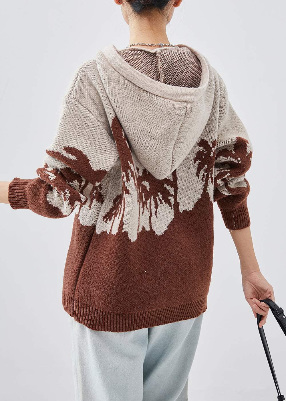 Khaki Hooded Jacquard Knit Sweatshirt Spring